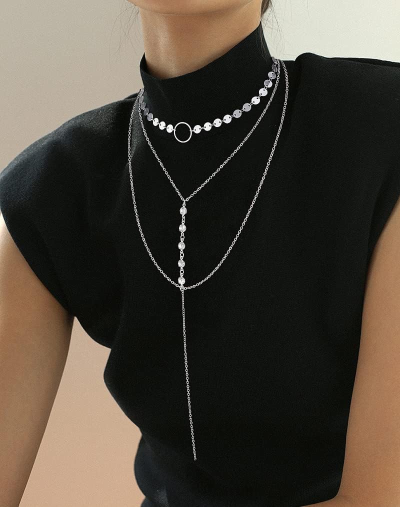 Suyi Stylish Layered Sequins Choker Necklace with Thin Long Chian Pendant for Women Lady - Image 4